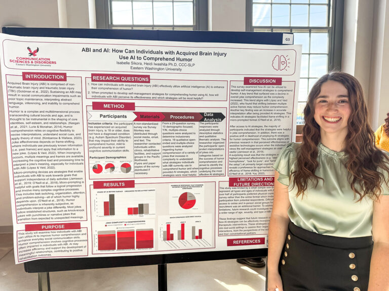 Student researcher standing next to her poster.
